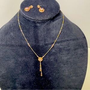 Liz Palacios SF Gold Tone and Pink Rhinestones Lariat Necklace and Earrings